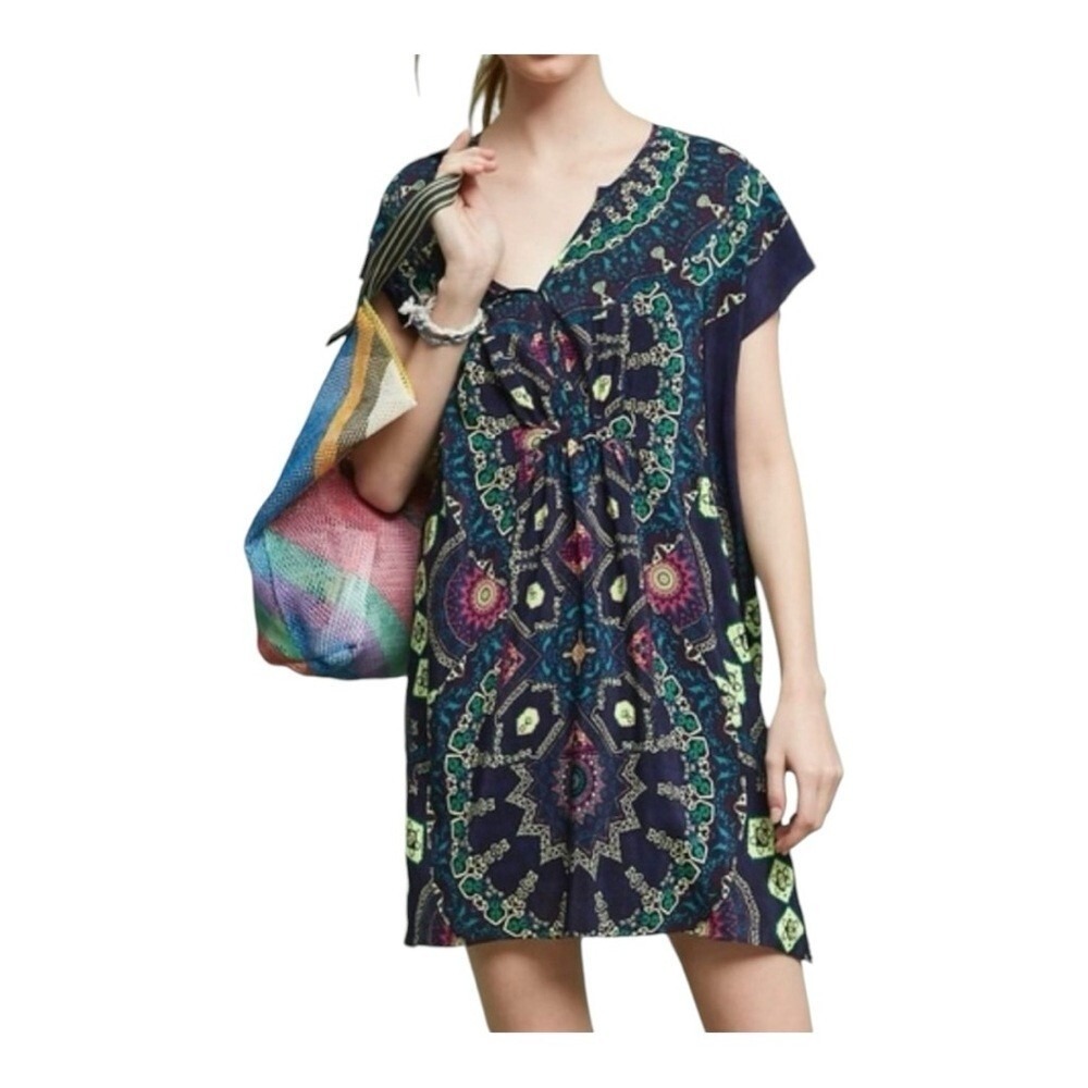 Maeve Anthropologie 100% Silk Medallion Tunic Dress Vibrant Women Size Small